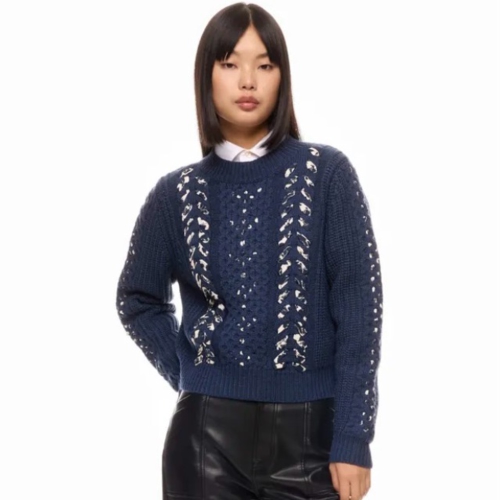 Jason Wu Collective Woven Detail Sweater Crew Neck Dark Blue Size Medium